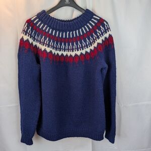Vintage Handmade Men's Sweater in Navy and Red Pattern Size L (By Measurements)